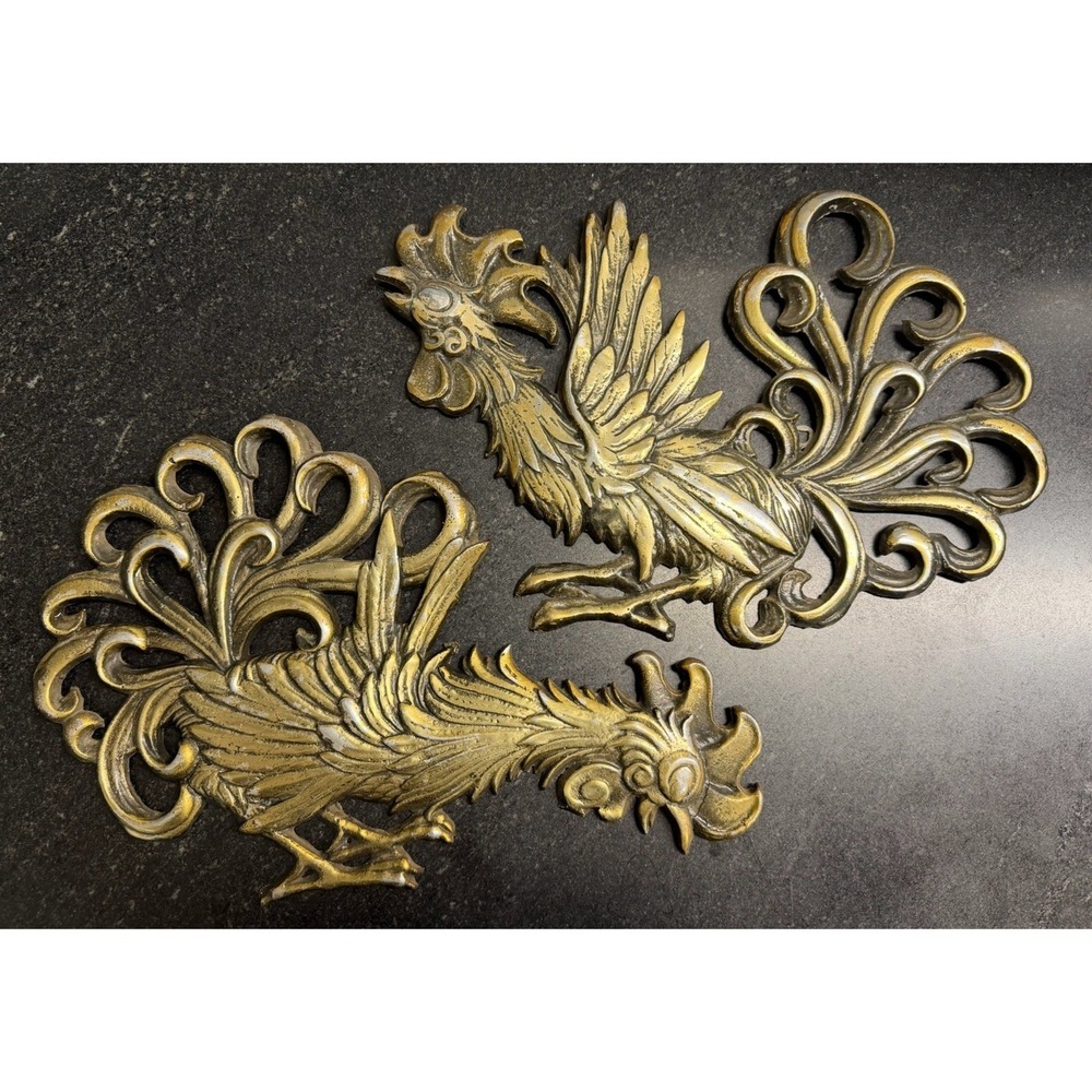 Vintage Japan Cast Metal Rooster Wall Plaques Pair Gold Tone 14" Hollywood Reg